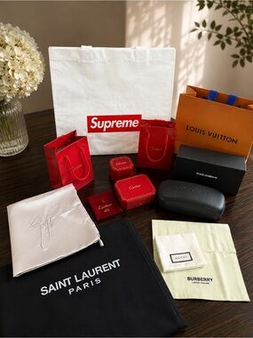 Louis Vuitton Orange Shopping Bag with Supreme White Tote and Red Accents